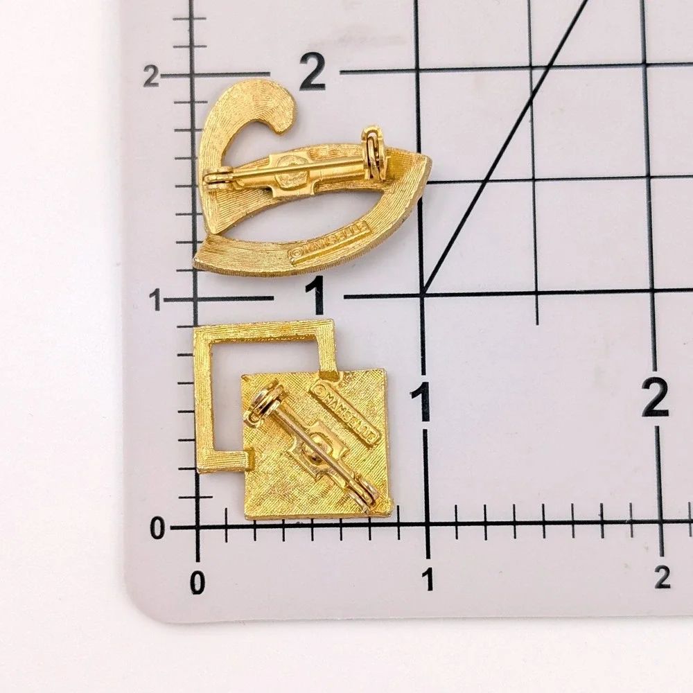 Vintage Mamselle Brooch Set of 2 Gold Tone MCM Abstract and Geometric Textured